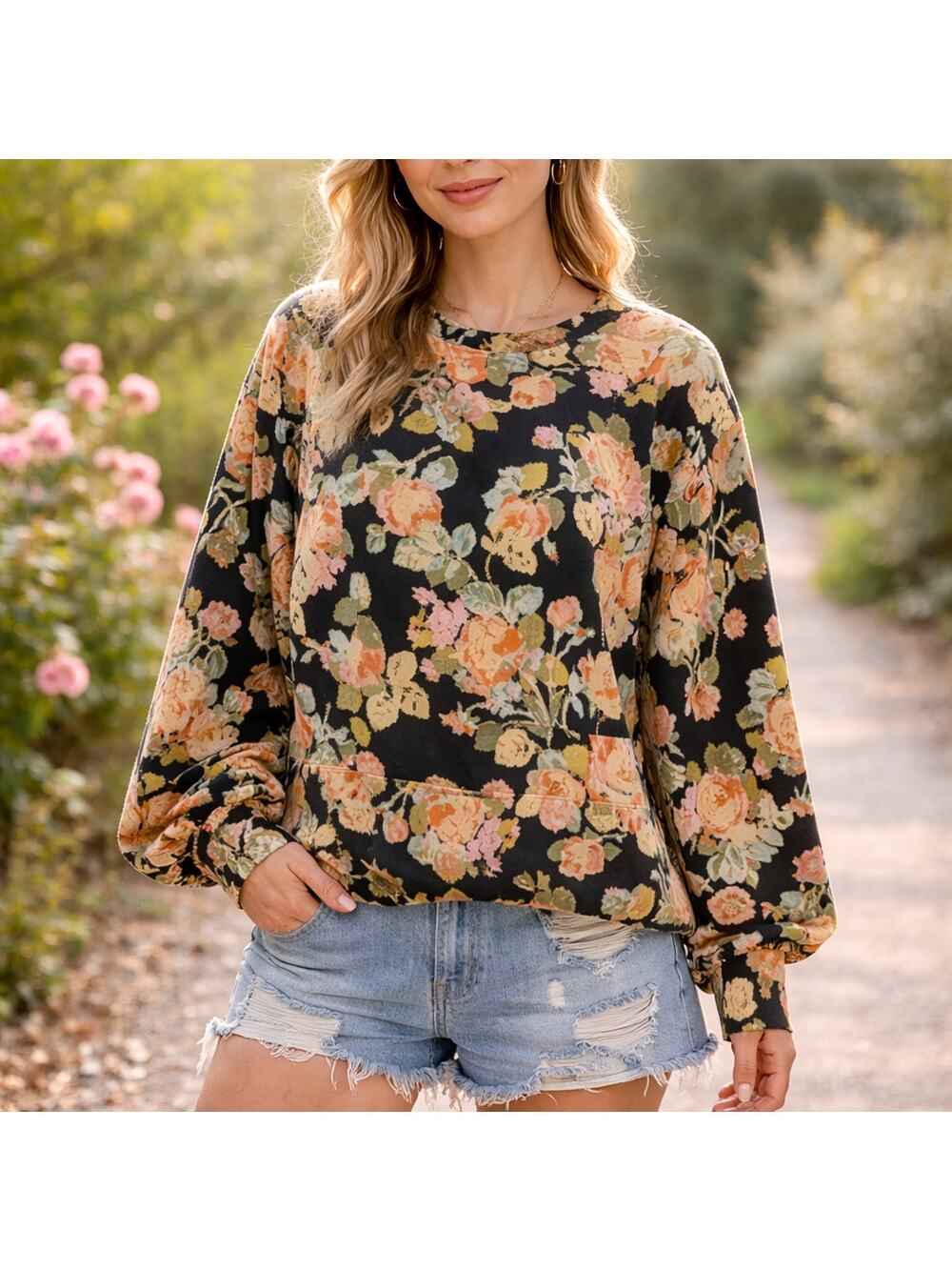 Loft SZ M Floral Puff Sleeve Sweatshirt Black